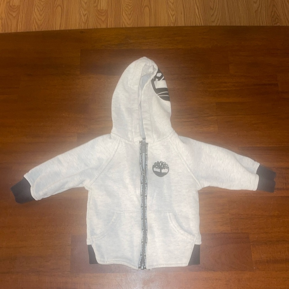 Timberland kids zipper hoodie logo jacket. EUC. 12 months. Heathered Gray